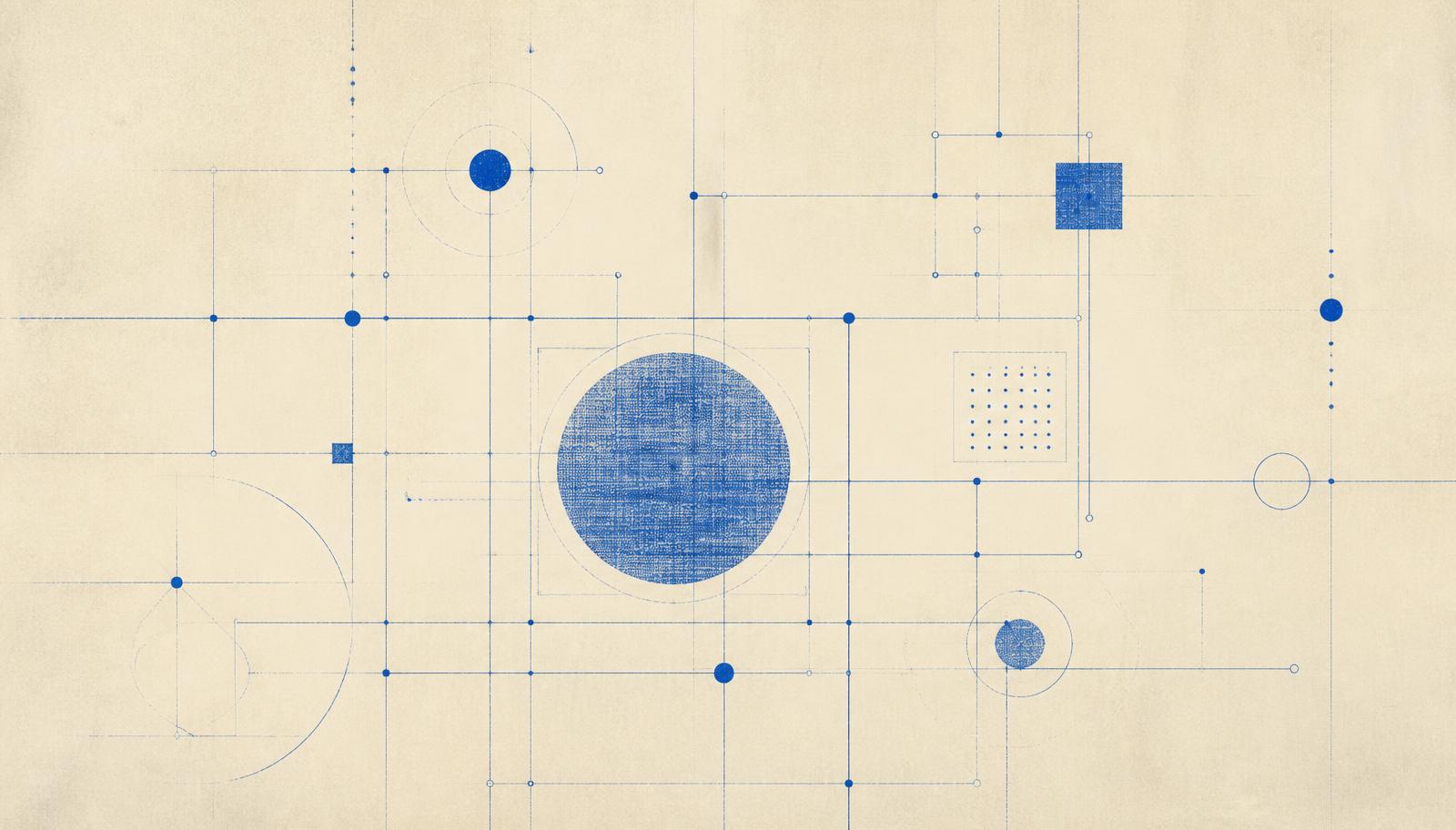 Abstract schematic drawing with blue grid lines and geometric nodes on ivory paper