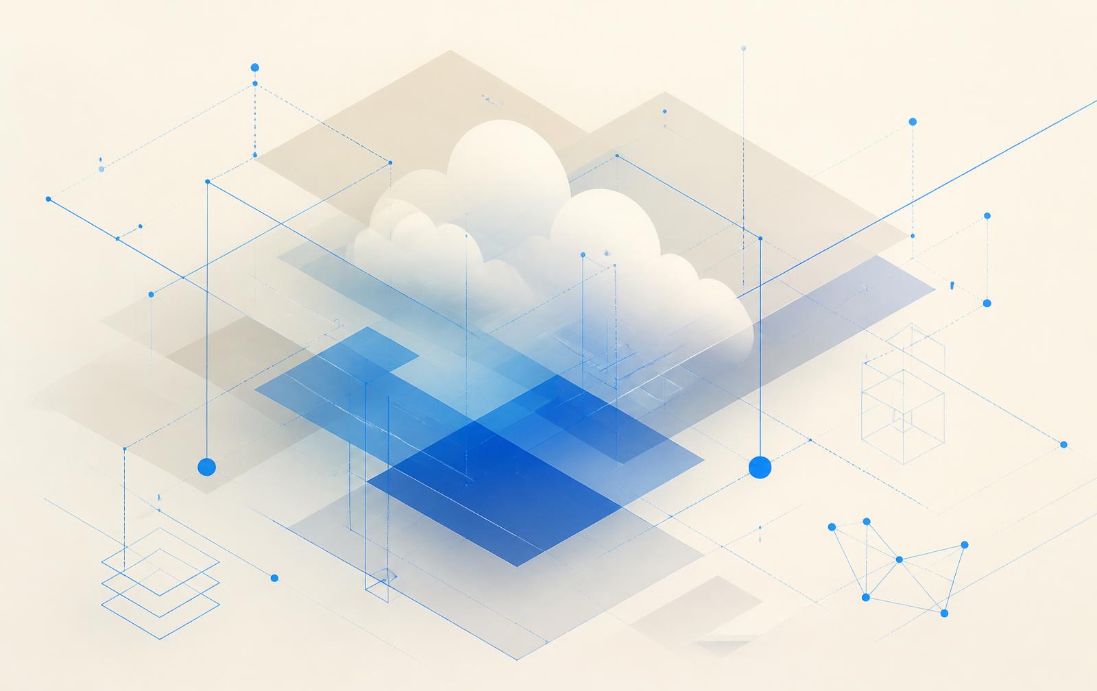 Abstract diagram of layered cloud infrastructure connected by fine blue lines