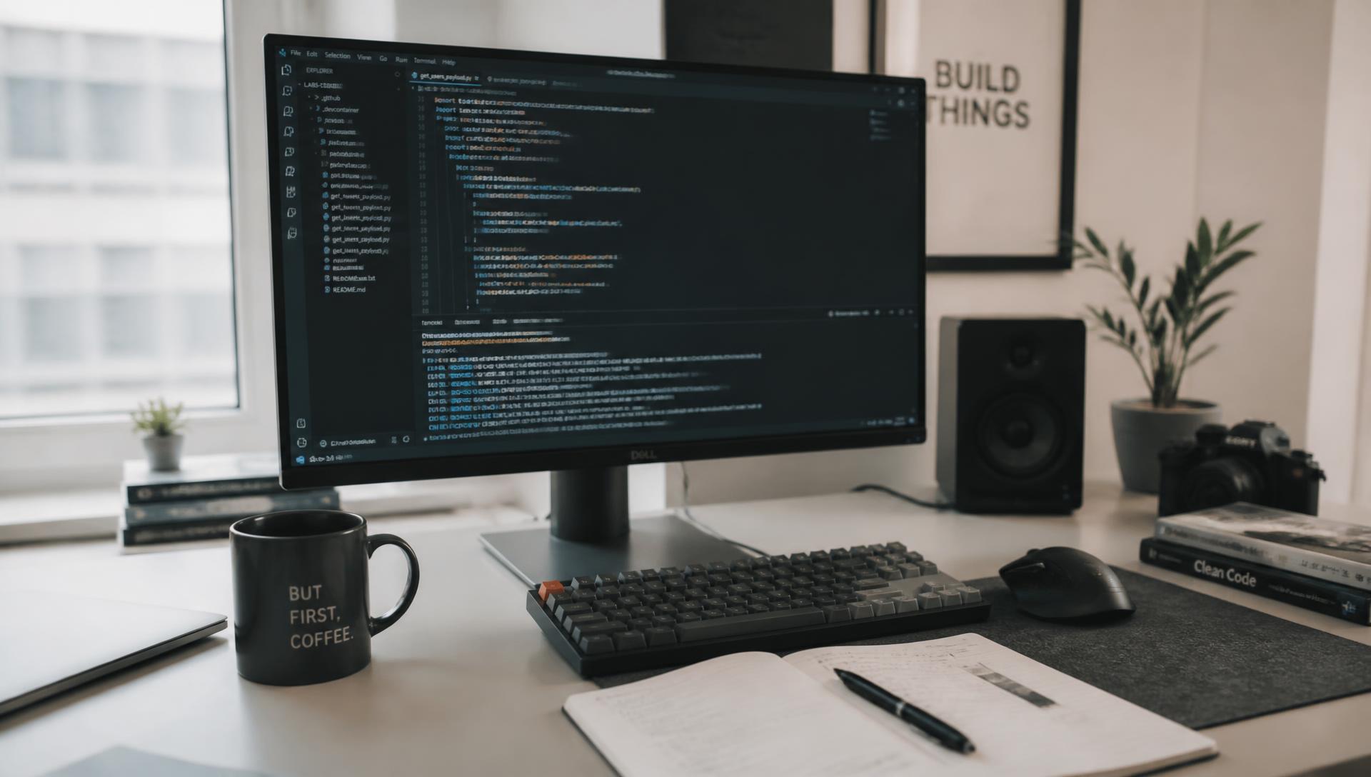 Developer workstation with code on screen, notebook and keyboard in natural light