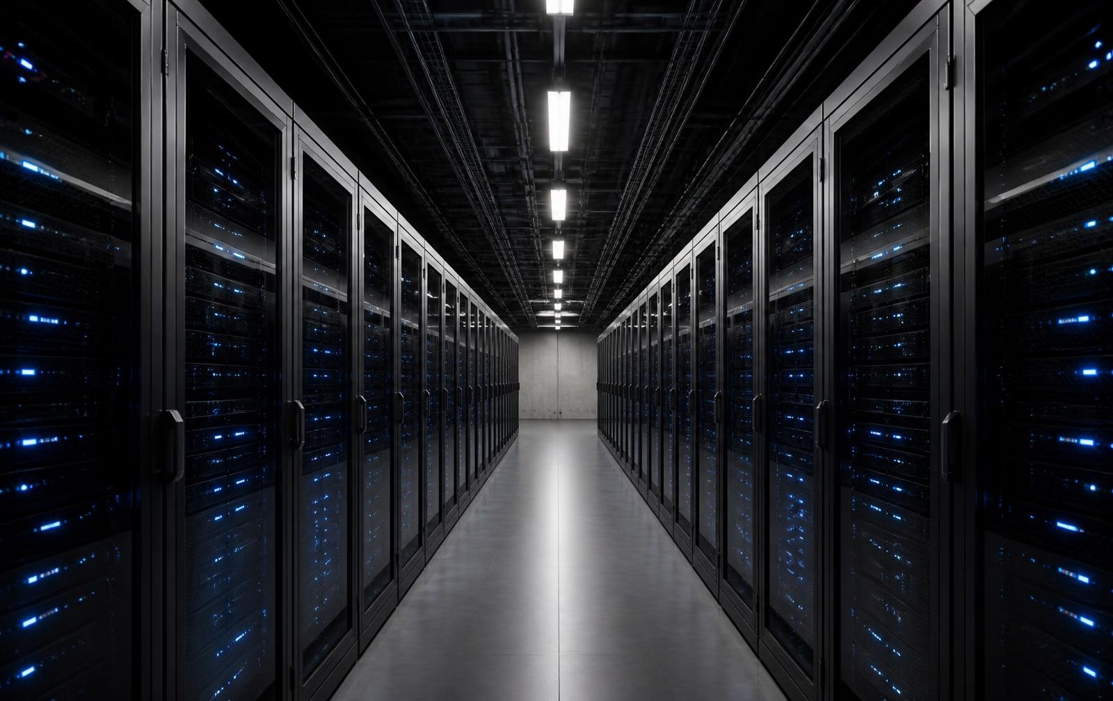 Rows of server racks in a data centre with blue status lights